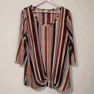 Late August Size 2X Brown Striped 3/4 Sleeves Knotted Waist Round Neckline Top